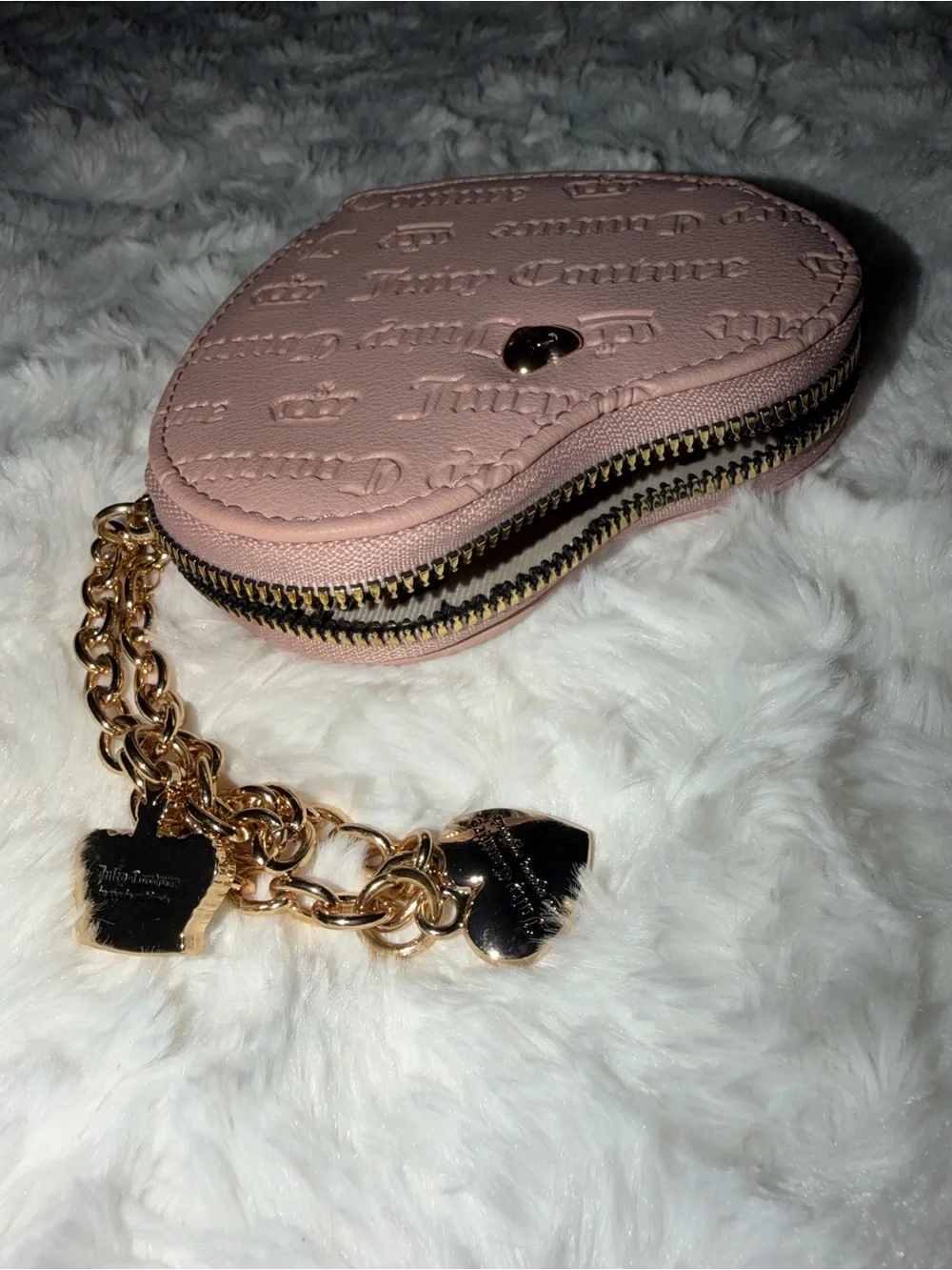 Juicy Couture Blush Pink Heart Coin Purse with Gold Charm Chain